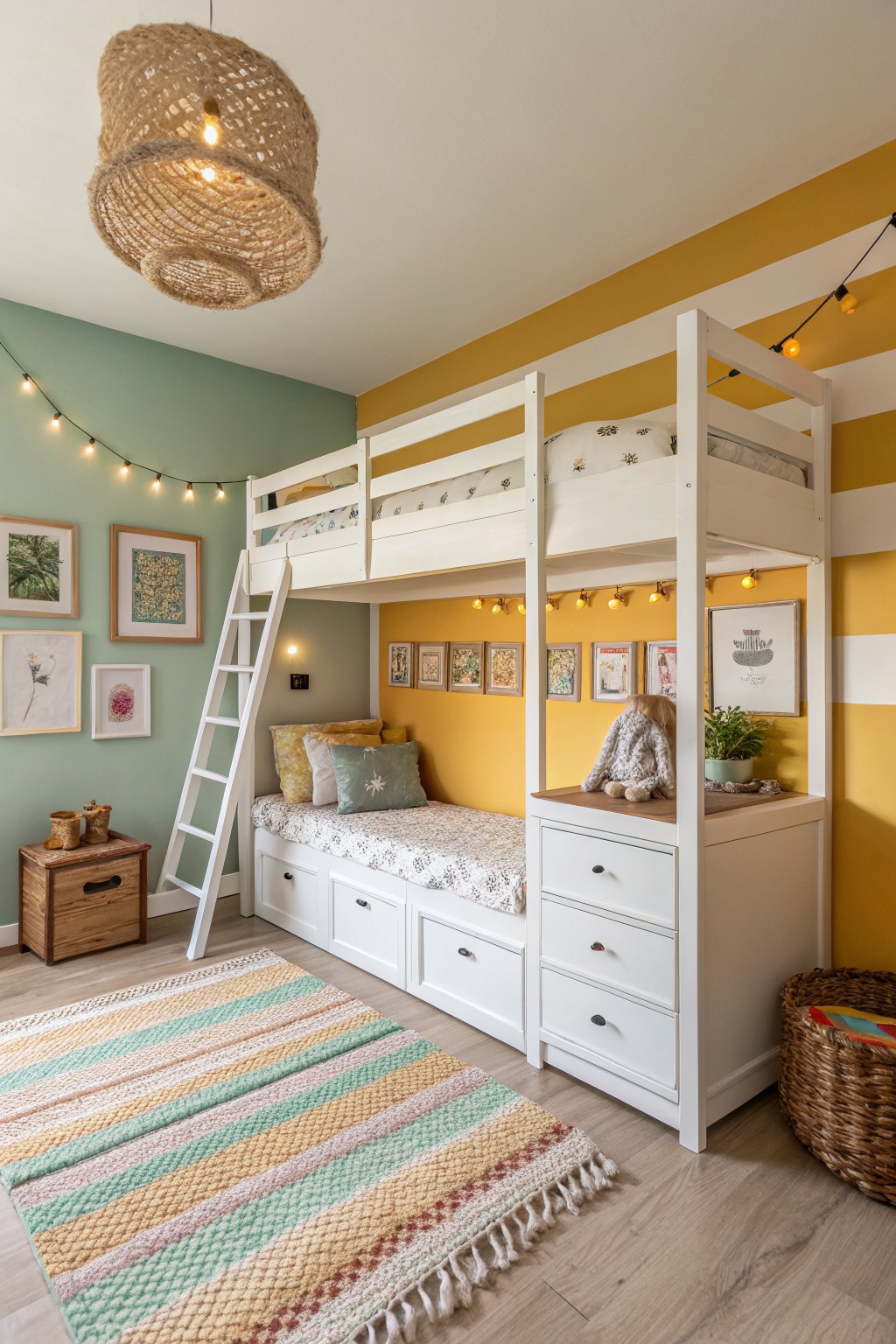 Children's bunk bed room featuring warm mustard yellow striped walls accented by a teal wall, white wooden bunk bed, rattan pendant light, string lights, and woven rug on hardwood floors