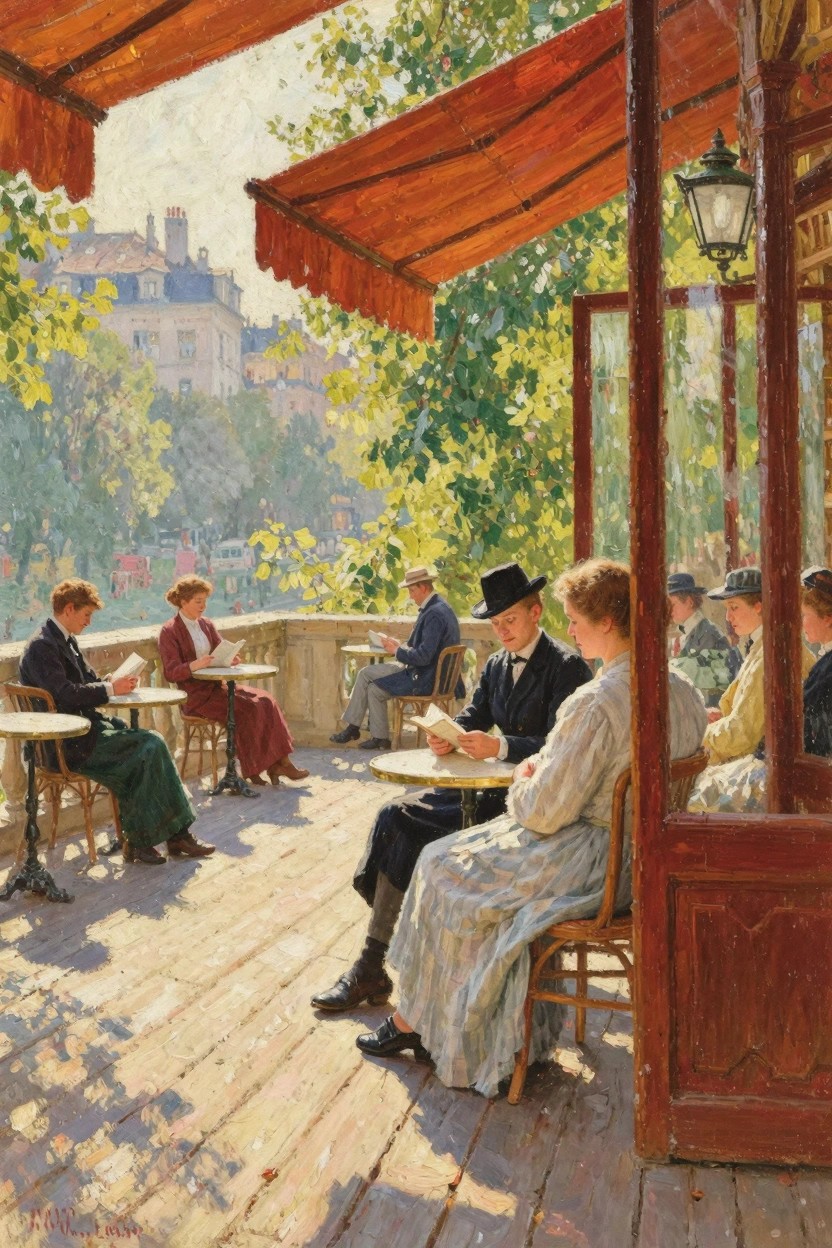 Oil painting of people in period clothes reading at café tables on a sunny wooden terrace with orange awnings, trees, and buildings in the background.