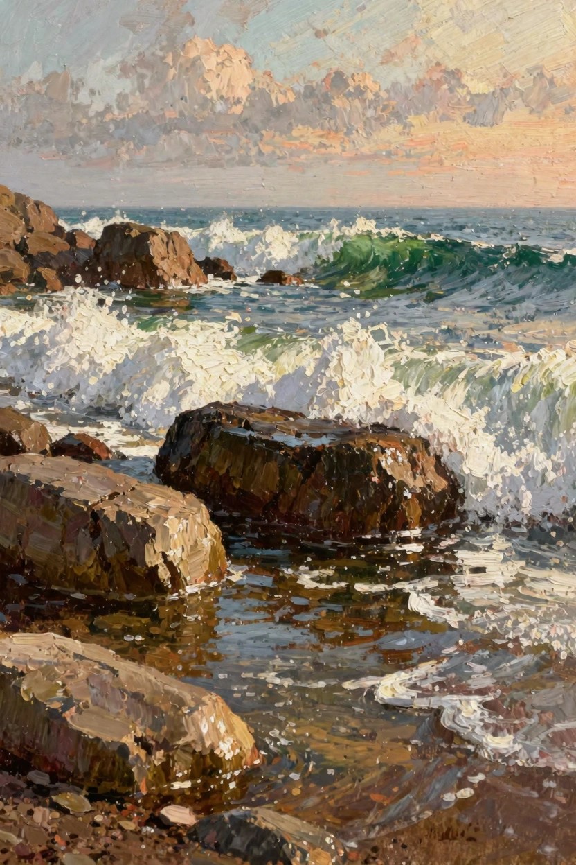 Oil painting of waves crashing over large rocks on a shoreline at golden hour with a cloudy pink-orange sky and turquoise ocean.