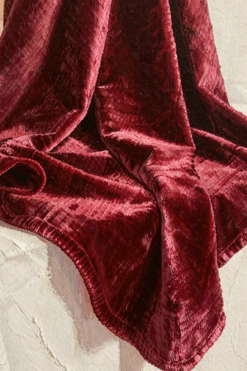 Oil painting of deep red velvet fabric with textured folds draped over a white surface.