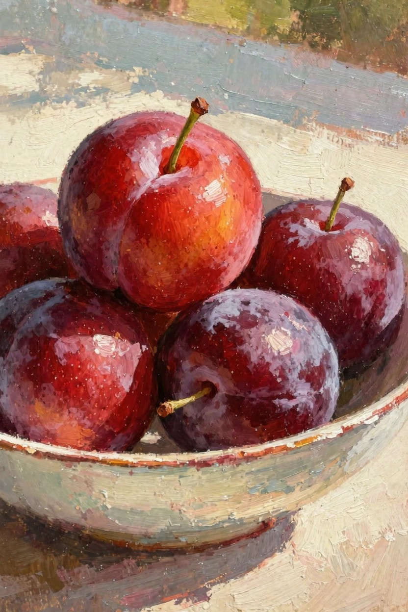Oil painting of overlapping ripe plums in a white bowl on a sunlit surface with soft shadows.