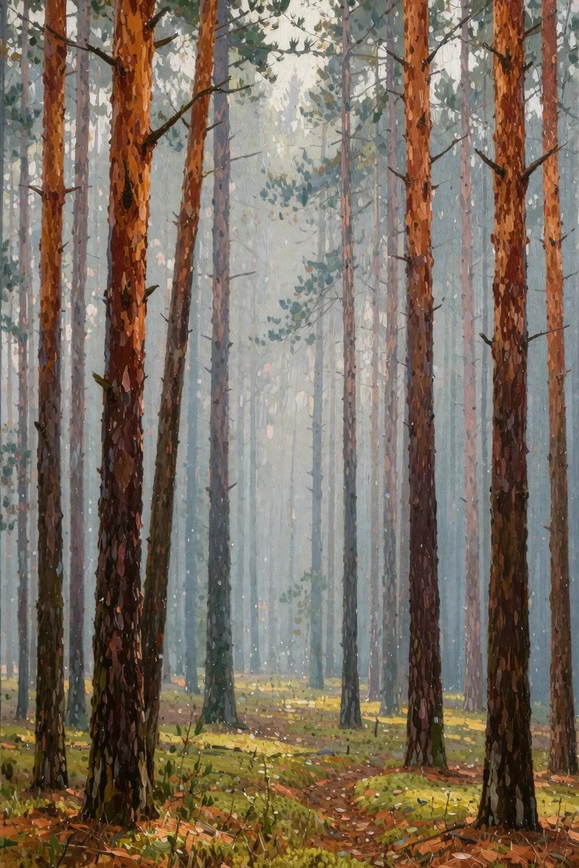 Vertical oil painting of tall orange-barked pine trees in a misty forest with a mossy path and subtle golden light.