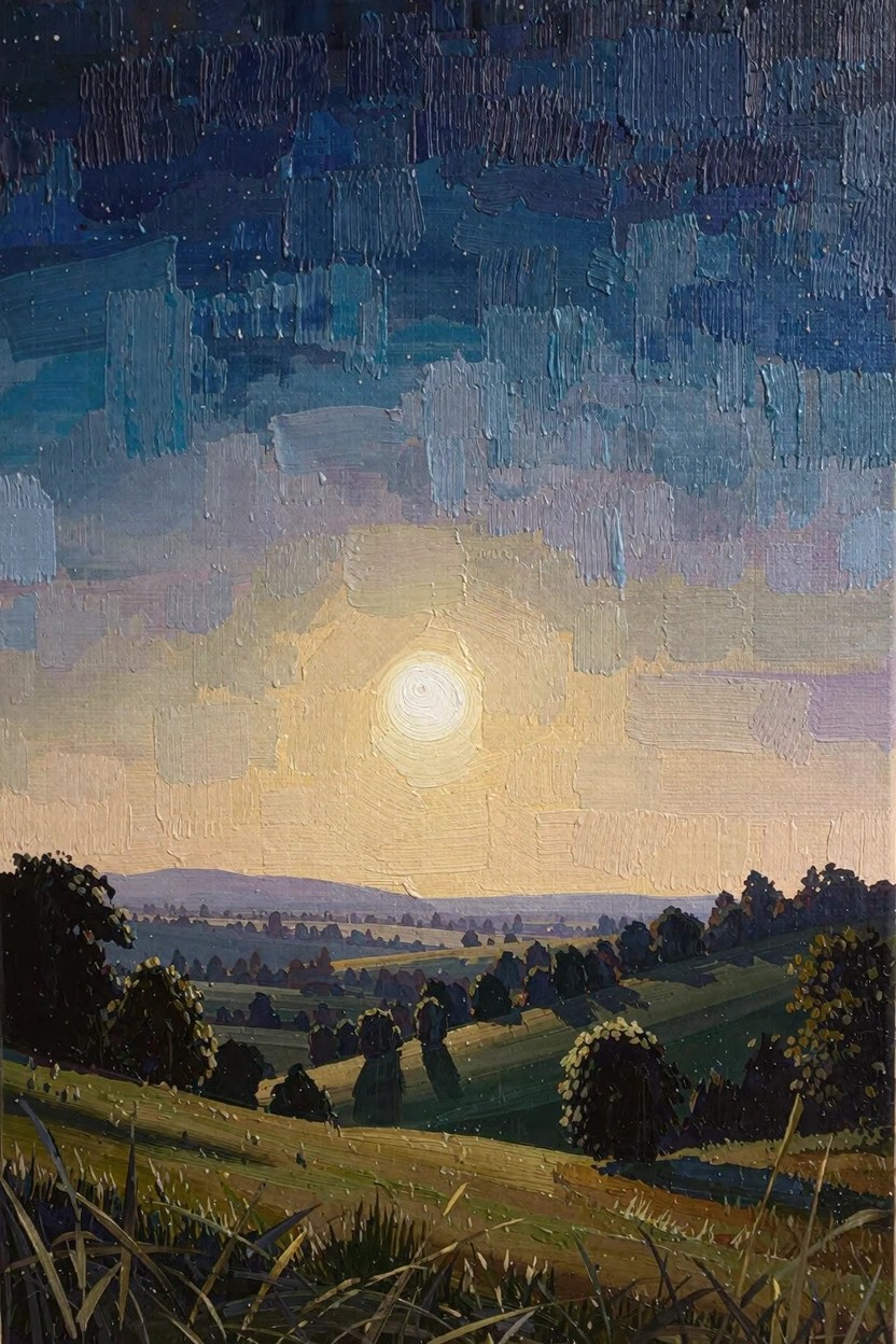 Oil painting depicting a large pale moon rising over green rolling hills dotted with dark trees, beneath a textured dark blue sky transitioning to yellow.