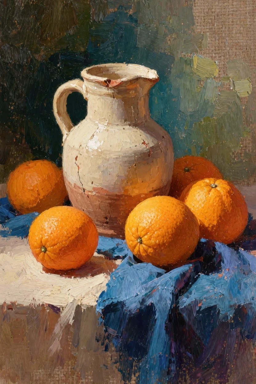 Oil painting of oranges arranged around a white jug on blue cloth against a textured greenish background.