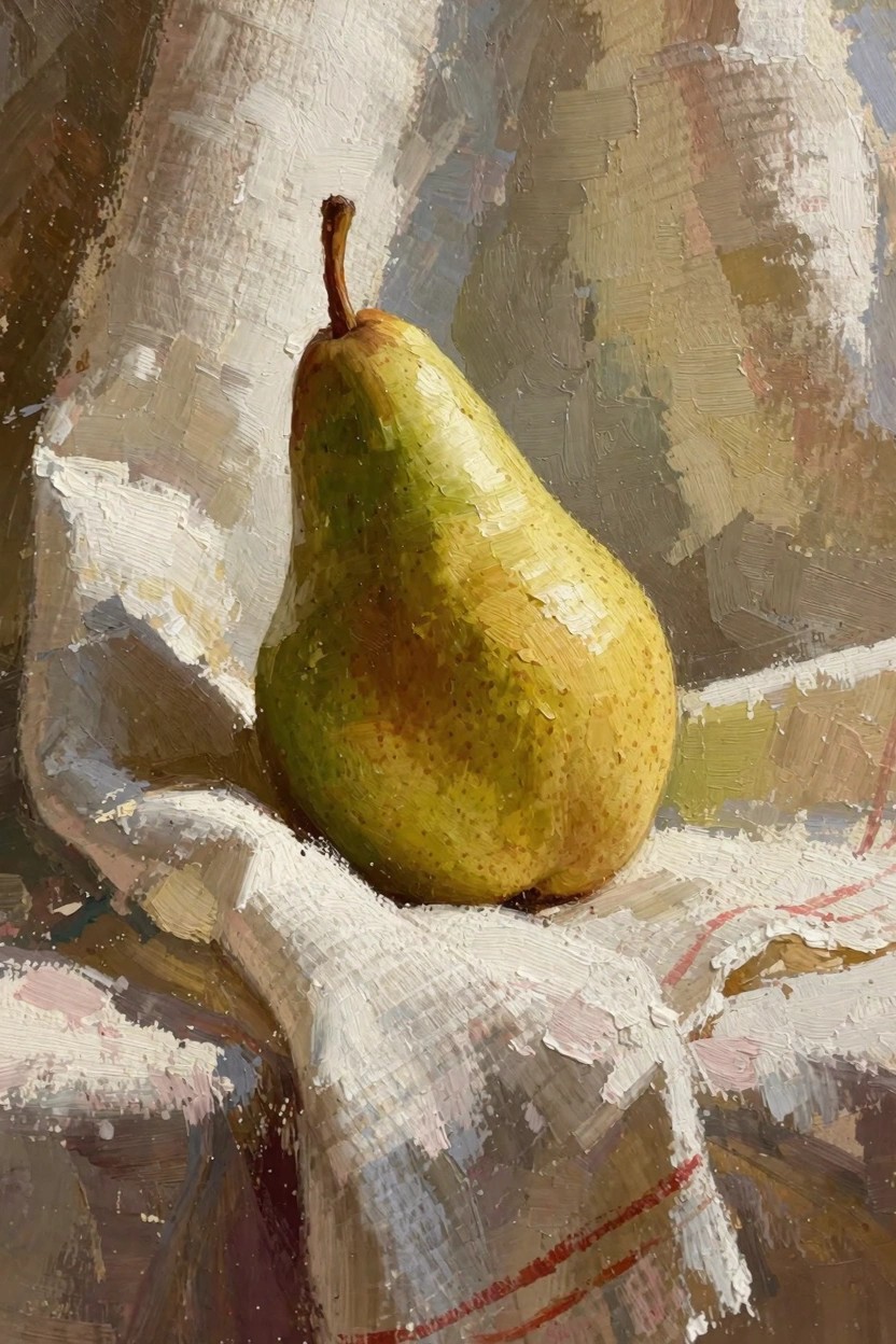 Oil painting of a green pear with stem resting on white draped fabric.