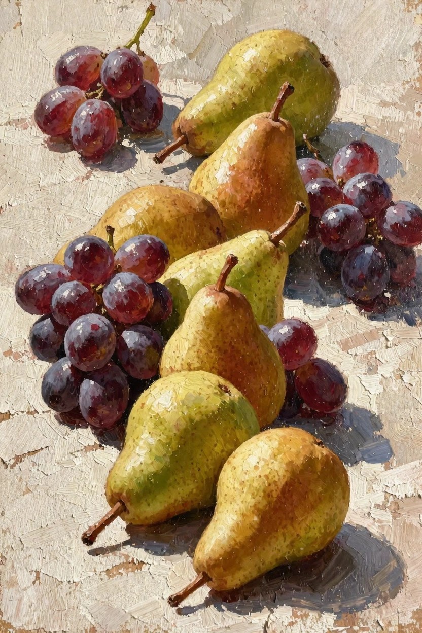 Oil painting of green, yellow, and ripe pears mixed with red grape clusters on a textured beige background.
