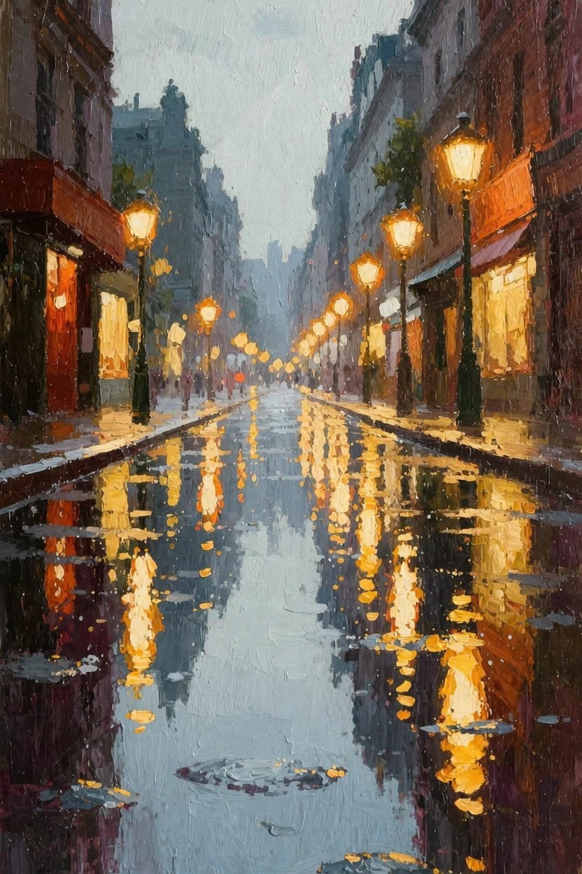 Oil painting of a rainy Paris street at dusk with glowing street lamps reflecting on wet pavement lined by buildings and shops.