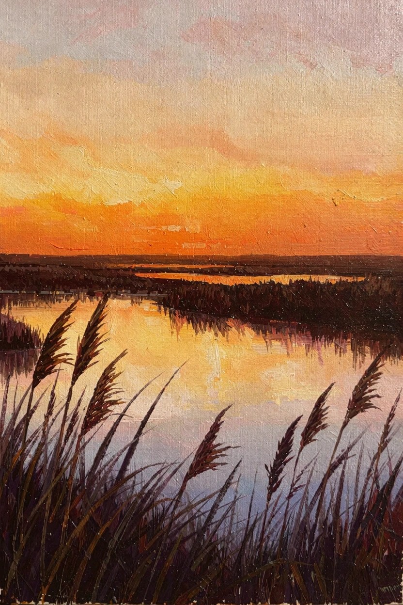 Oil painting of an orange sunset sky over a dark reed-filled marsh with water reflections in the foreground.