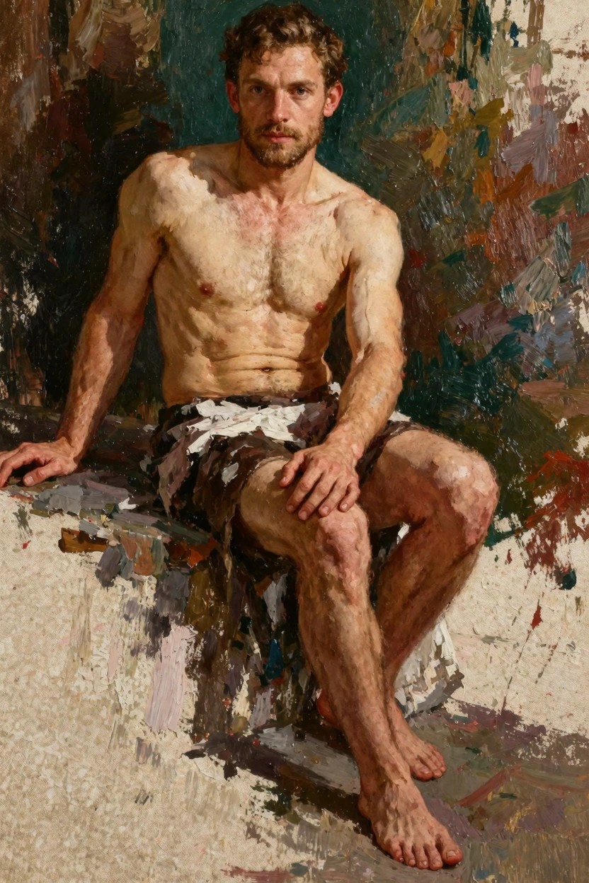 Oil painting of a shirtless bearded man with curly hair sitting on a ledge in ragged shorts, rendered in textured impasto with abstract colorful background.