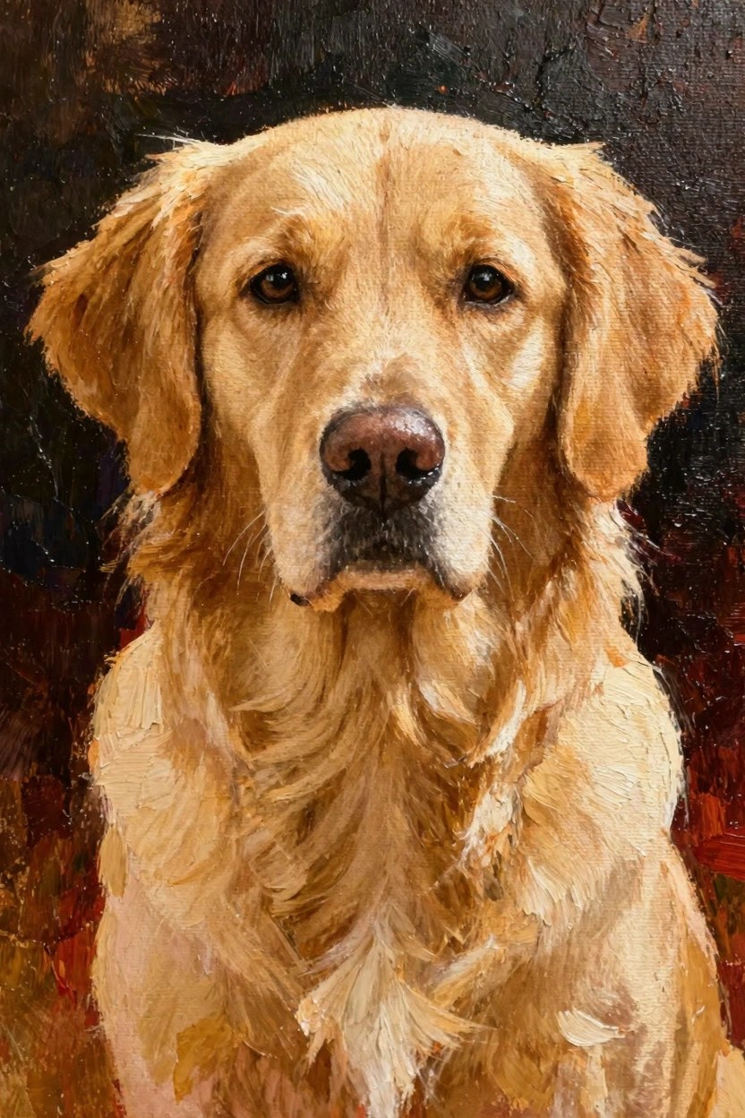 Oil painting portrait of a golden retriever dog's face and upper body against a dark background.