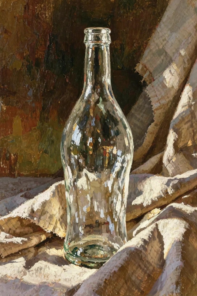 Oil painting of an empty clear glass bottle on folded beige cloth with sunlight reflections, textured earthy background.