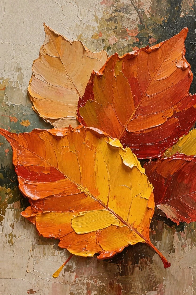 Oil painting of overlapping autumn leaves in orange, yellow, and red tones with heavy impasto texture on a neutral background.