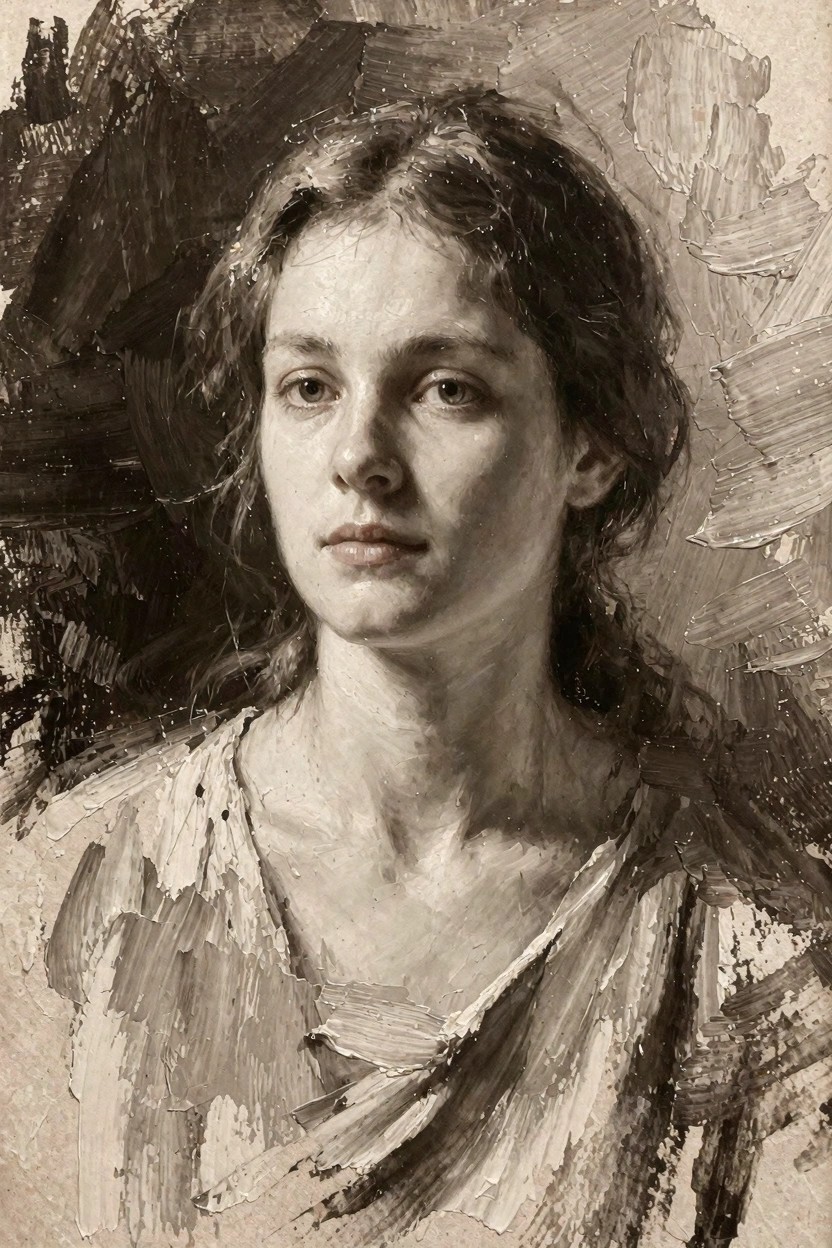 Grayscale oil painting of a woman's close-up portrait with curly hair, neutral expression, and draped garment, shown with textured brushstrokes and dramatic shadows.