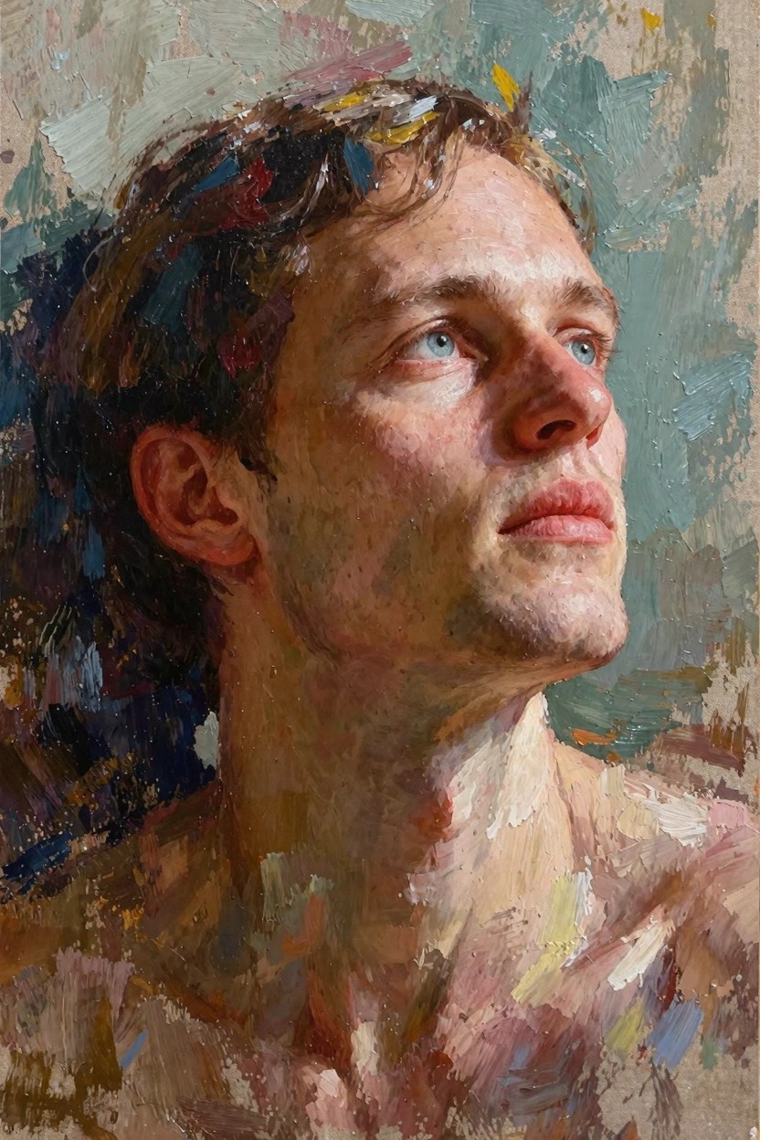 Oil painting of a young man's head and bare shoulders in three-quarter view looking upward, with textured impasto brushwork and blended skin tones against a mottled background.
