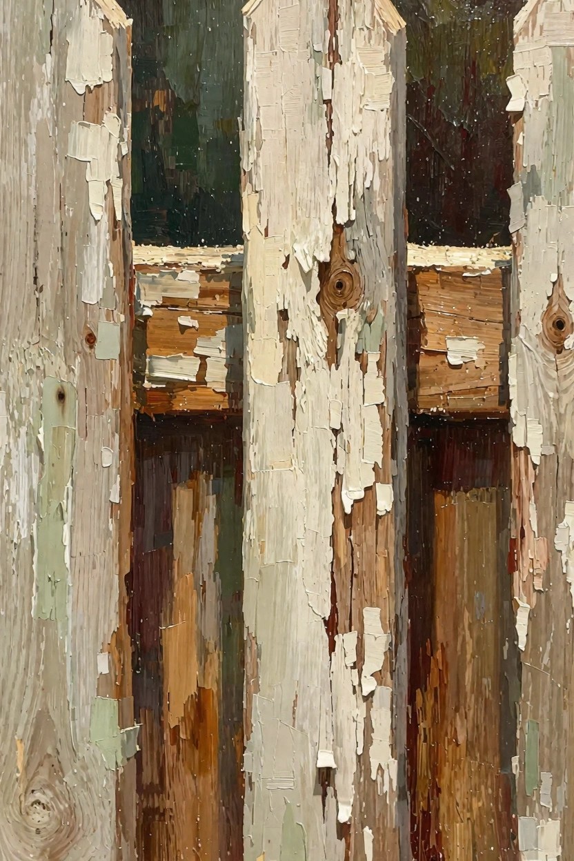 Close-up oil painting of two weathered vertical wooden fence posts with peeling white and green paint revealing wood grain and a dark green background between them.