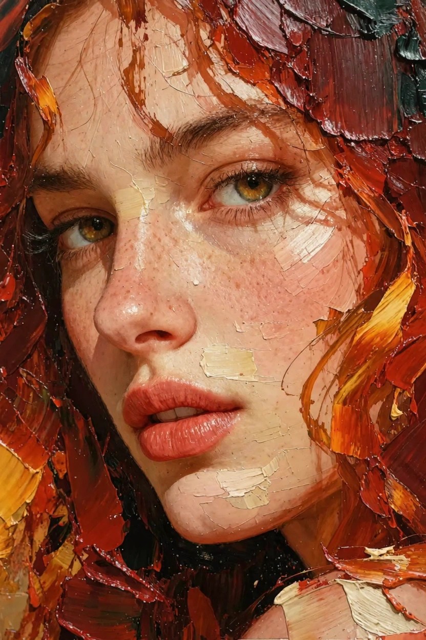 Oil painting close-up of a freckled woman with green eyes, pink lips, and thick swirling red hair in impasto style.