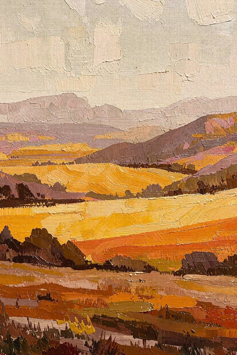 Oil painting of rolling golden yellow and orange fields with purple hills and textured impasto brushstrokes under a pale cloudy sky.