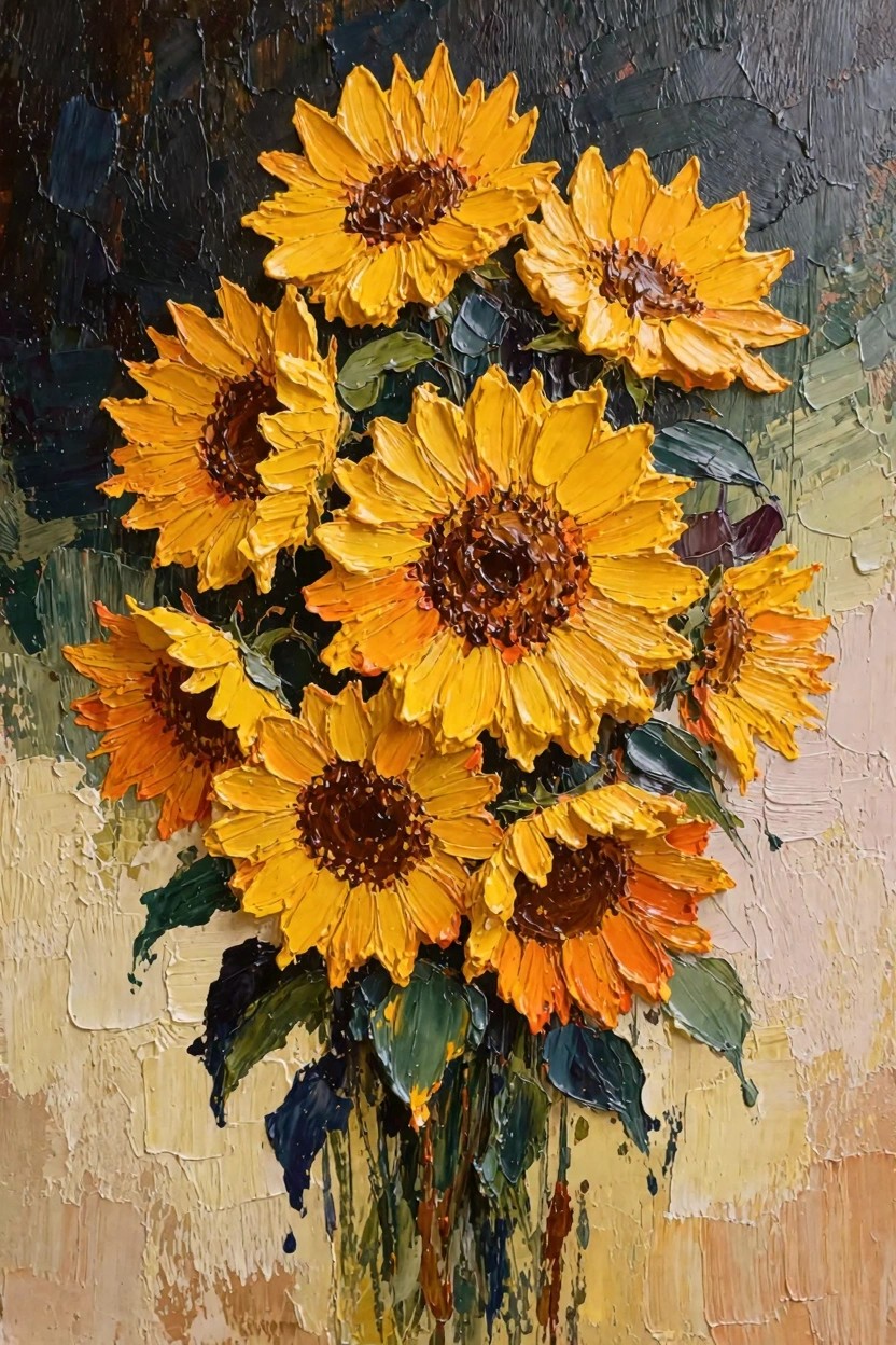 Oil painting of a bouquet of textured sunflowers in a vase on a dark-to-light background.