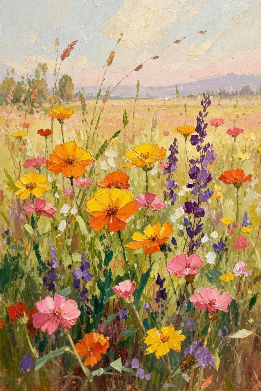 Oil painting of a wildflower meadow featuring orange cosmos, yellow daisies, pink flowers, purple lupines, and grasses against distant hills and a cloudy sky.