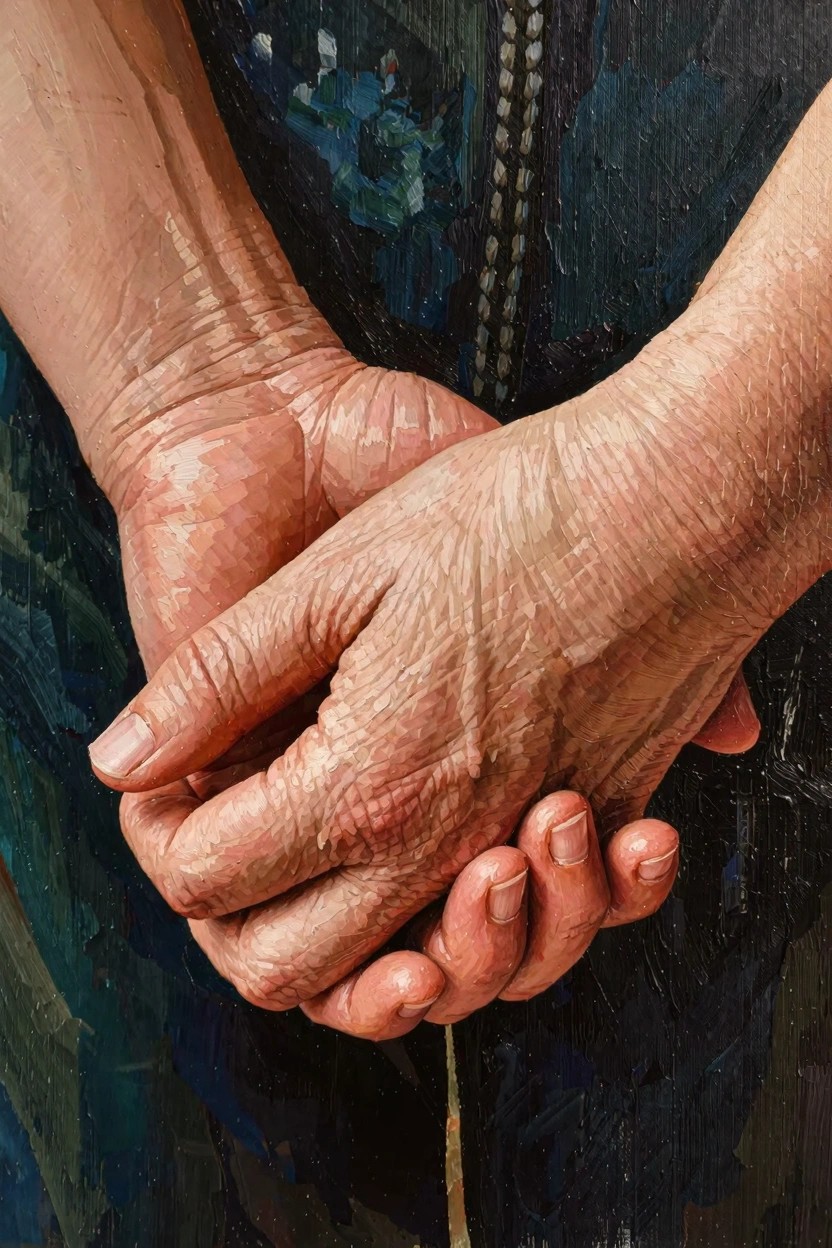 Close-up oil painting of wrinkled elderly hands clasped together over dark blue-green garment fabric with zipper details.
