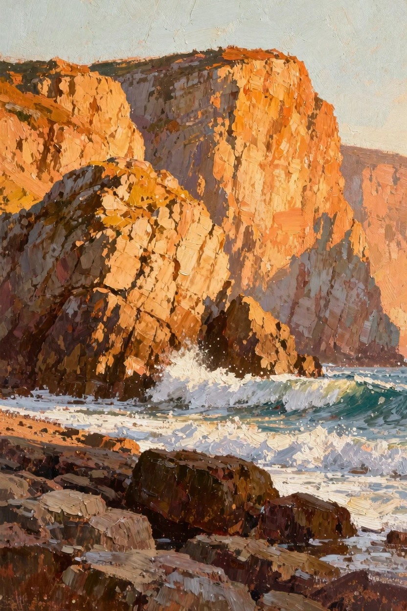 Oil painting of orange rock cliffs, crashing turquoise waves, and foreground rocks in golden sunset light.