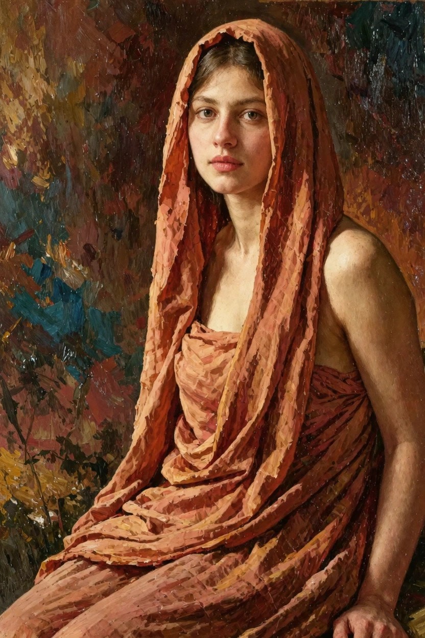 Oil painting of a young woman with brown hair and direct gaze, draped in textured orange fabric over her head and body, posed against a vibrant abstract background of reds, blues, greens, and yellows.