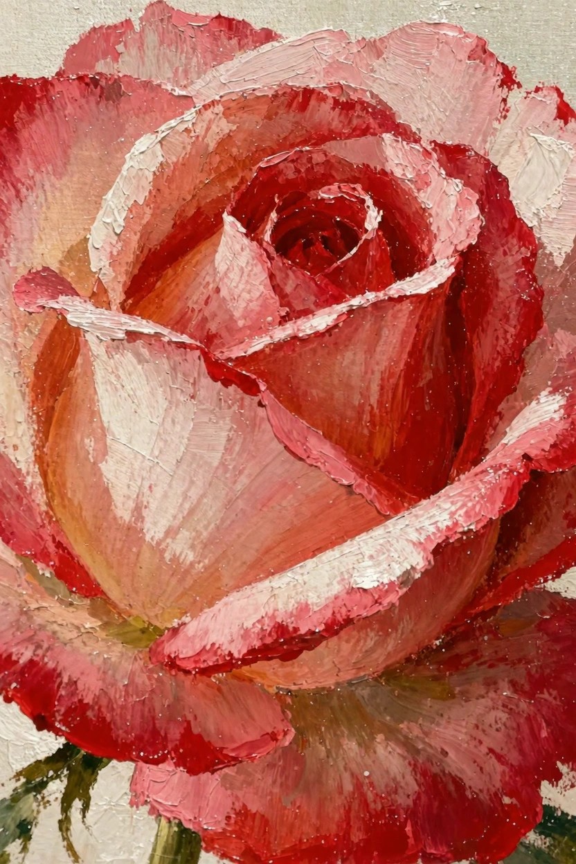 Close-up oil painting of a pink-to-red rose with thick impasto brushstrokes building textured petals on a light beige background.