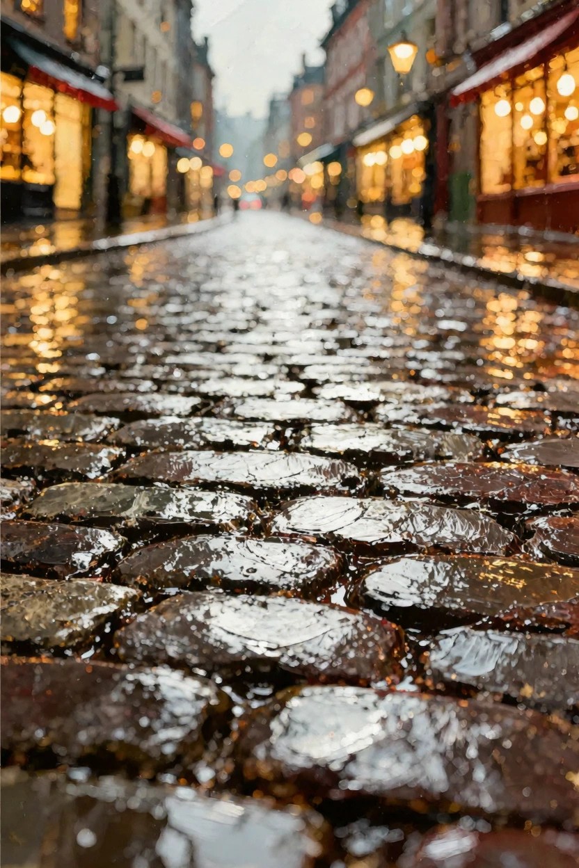 A nighttime rainy cobblestone street with warm shop and lantern lights reflecting on wet pavement.