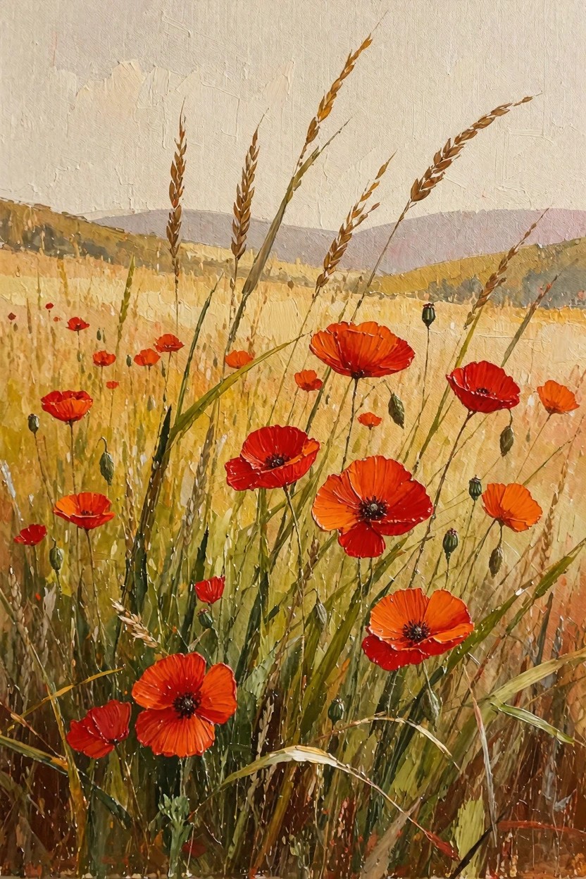 Oil painting of red poppies among tall golden wheat stalks in a field with distant green hills and a pale cloudy sky.