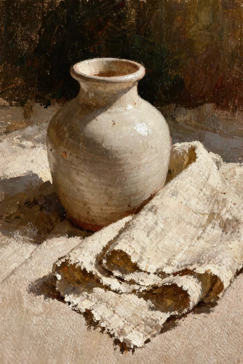 Oil painting of a beige terracotta vase beside folded white linen cloth on a light surface against a dark background.