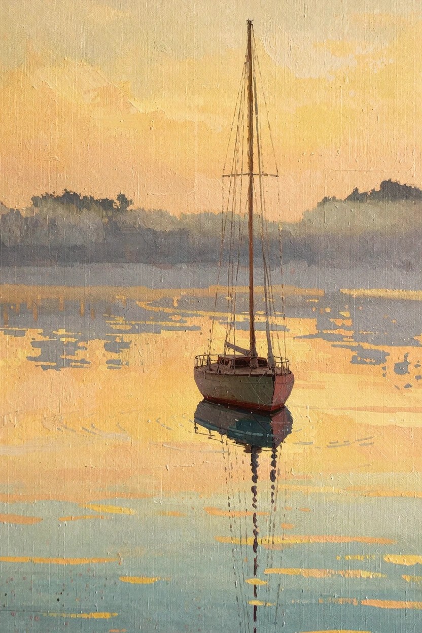 Oil painting of a green sailboat with red accents centered on calm reflective water under a warm orange sunset sky with misty trees.