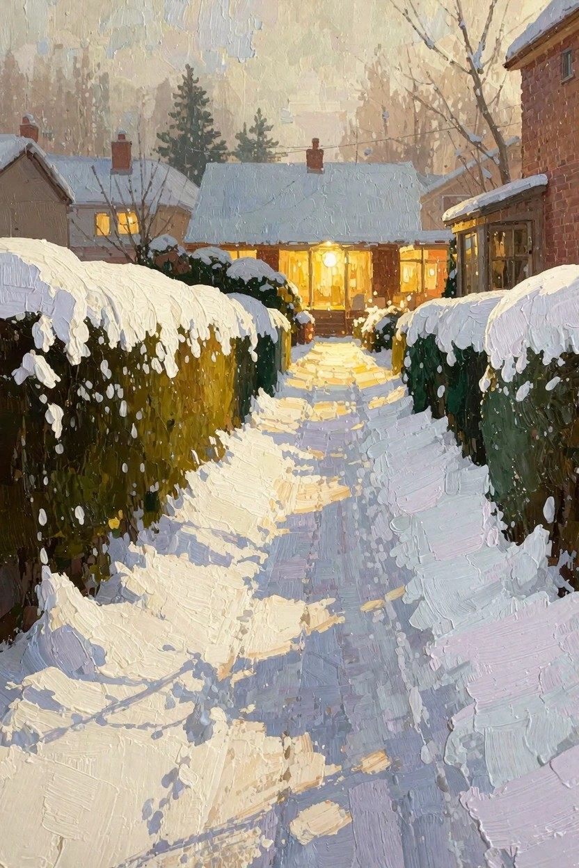 Oil painting of a snow-covered path lined by hedges leading to a house with warm yellow window light amid winter trees and homes.