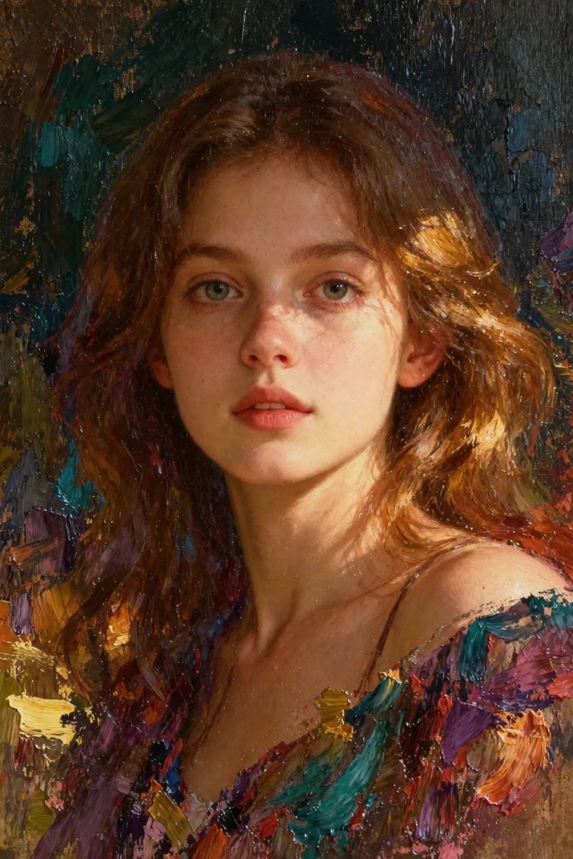 Oil portrait of a young woman with freckled face, green eyes, wavy auburn hair, and colorful textured dress against dark impasto background.