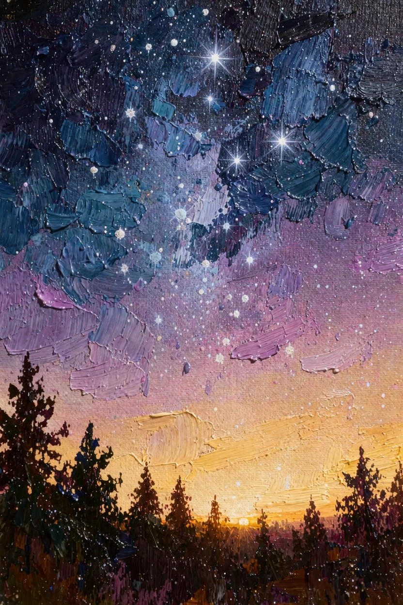 Oil painting of starry blue-purple sky fading to orange sunset over silhouetted pine trees with heavy impasto texture.