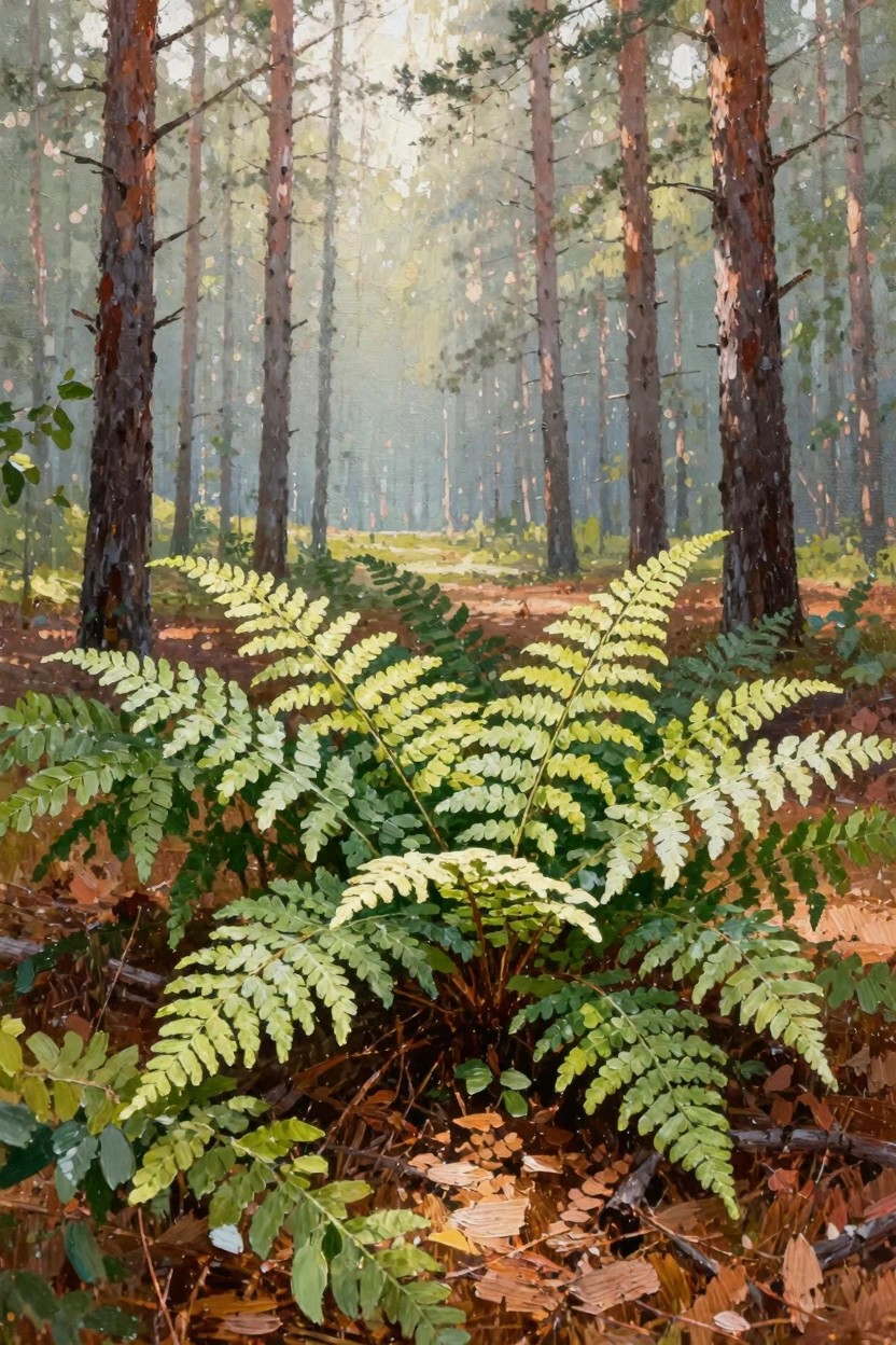 Realistic oil painting of a sunlit path through tall pine trees with a large green fern cluster in the foreground.