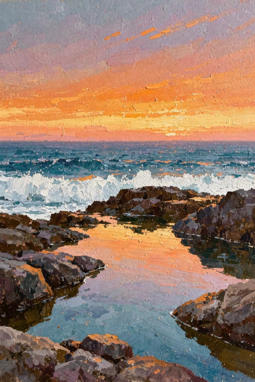 Oil painting of orange sunset sky over blue ocean waves crashing on dark rocks with colorful reflections in foreground tide pools.