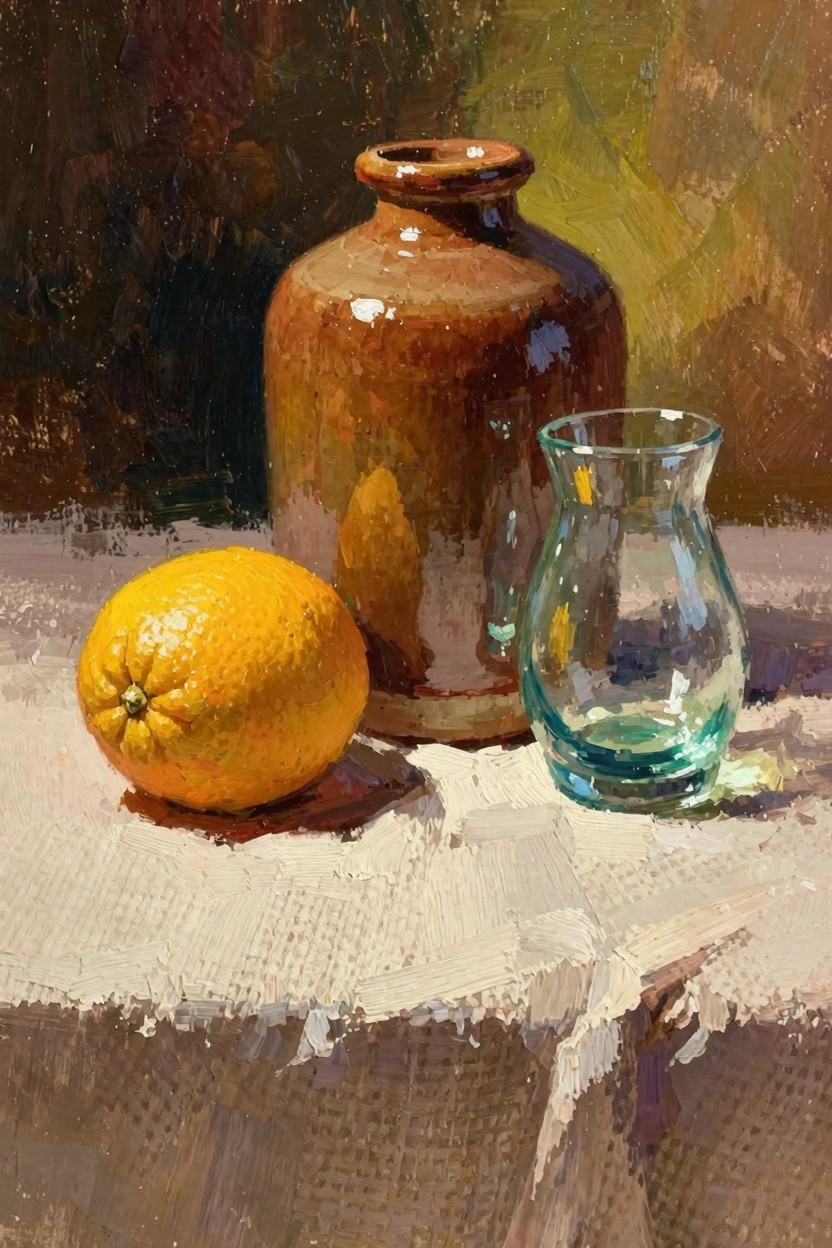 Oil painting still life with brown terracotta jug, clear glass vase, and orange on white textured cloth against dark background.