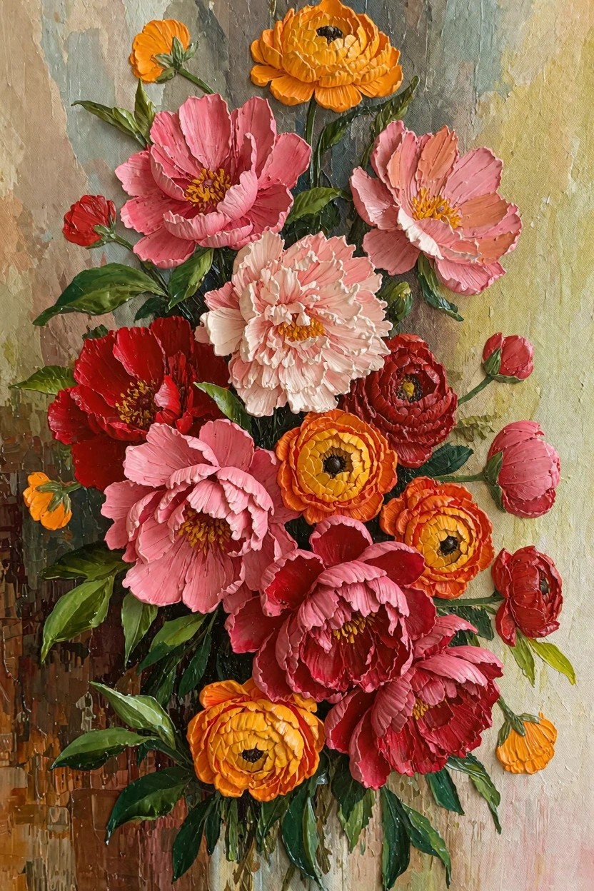 Oil painting of a bouquet featuring peonies and ranunculus in pinks, reds, oranges, and yellows with thick impasto texture on a textured neutral background.