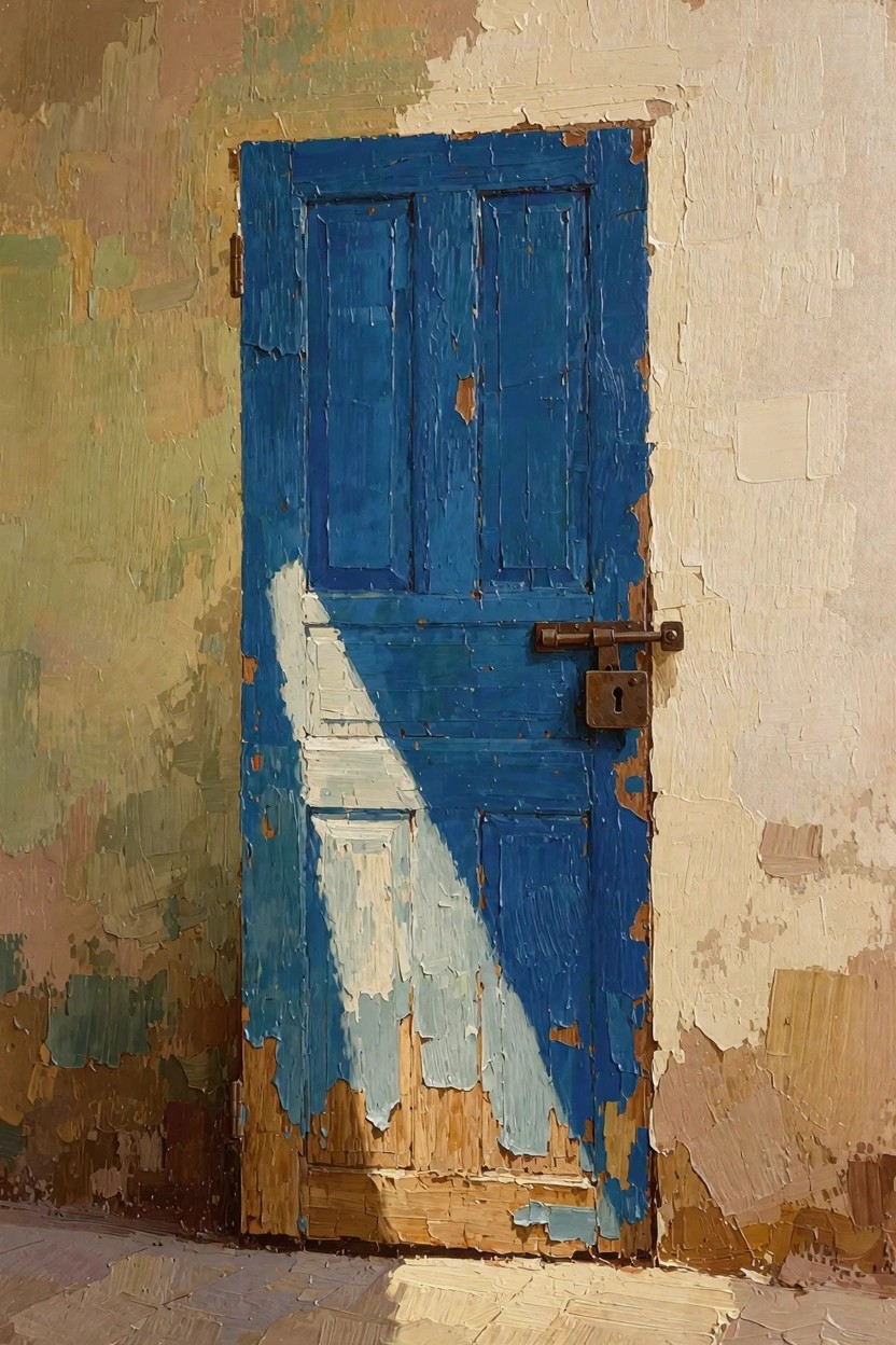 Oil painting of a weathered blue door with peeling paint on a textured beige-green wall, rusty padlock, and sharp sunlight shadow across the lower panels.
