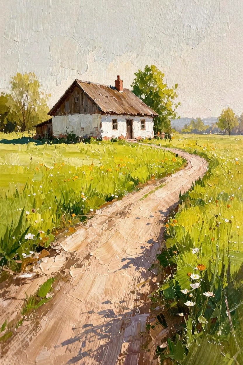 Oil painting of a small white rural cottage with brown roof next to a winding dirt path through green meadows filled with yellow and white wildflowers, trees, and hills under a pale sky.