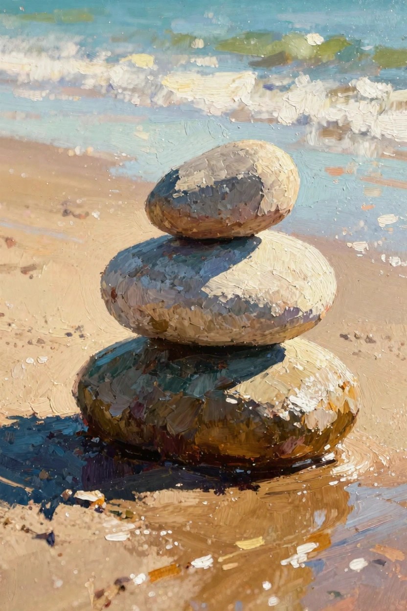 Oil painting of three smooth stacked stones on wet beach sand with turquoise ocean waves and shadows in the background.