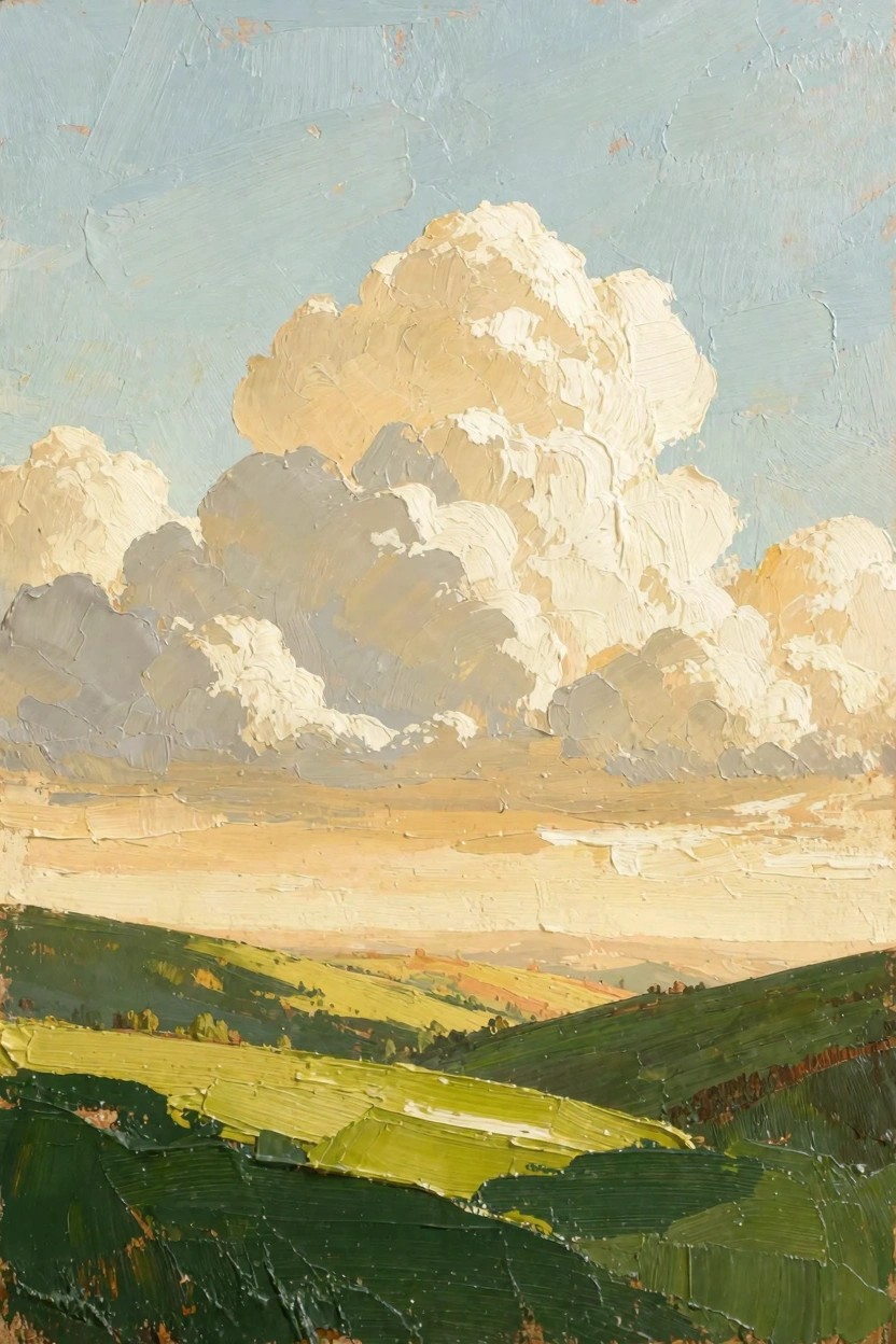 Oil painting of large fluffy white clouds in a blue sky above rolling green hills and fields with textured impasto brushwork.