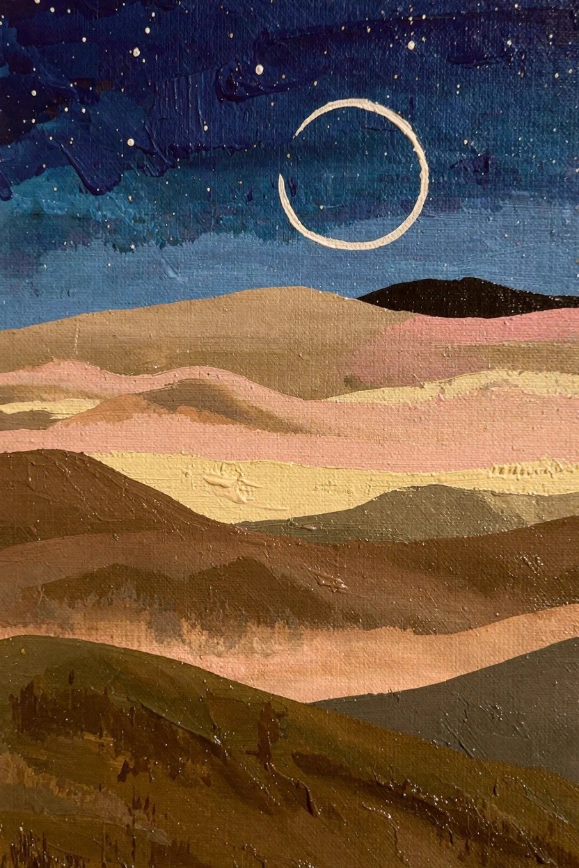 Oil painting of a white crescent moon and stars in a deep blue night sky above layered rolling hills in pink, tan, brown, and green tones.