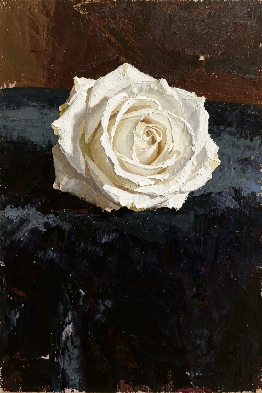 Oil painting of a single white rose on a dark textured surface.