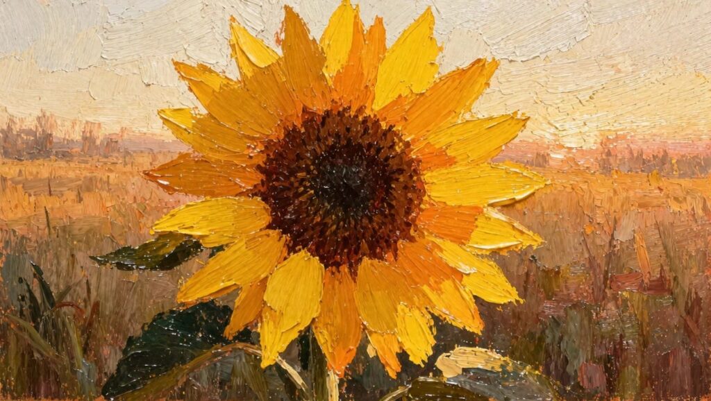 Oil painting close-up of a sunflower with thick textured yellow petals, dark center, stem, leaves, and warm brown background.