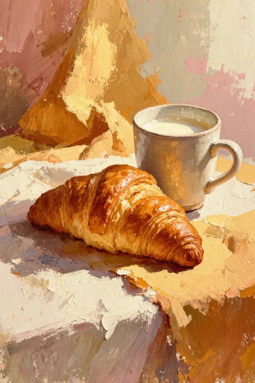 Oil painting of a flaky golden croissant next to a cup of milk on a textured cloth surface under warm light.