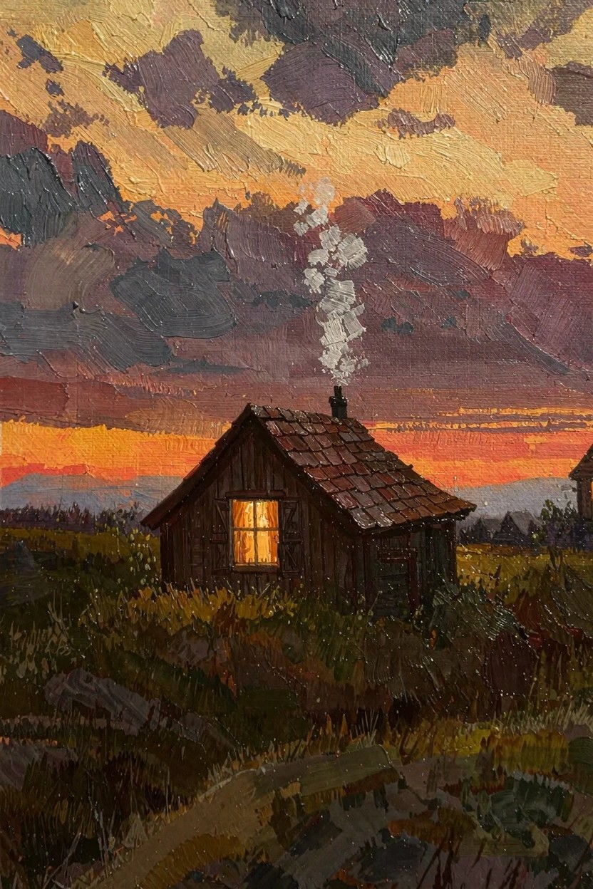Oil painting of a wooden cabin with chimney smoke and lit window in grassy field under dramatic orange-purple sunset sky.