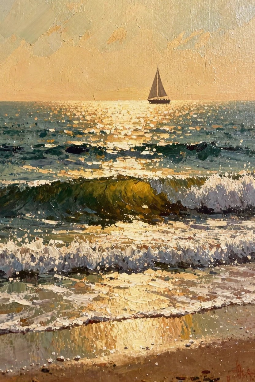 Oil painting of a dark sailboat on golden-lit ocean waters at sunset with foreground waves on a sandy beach.