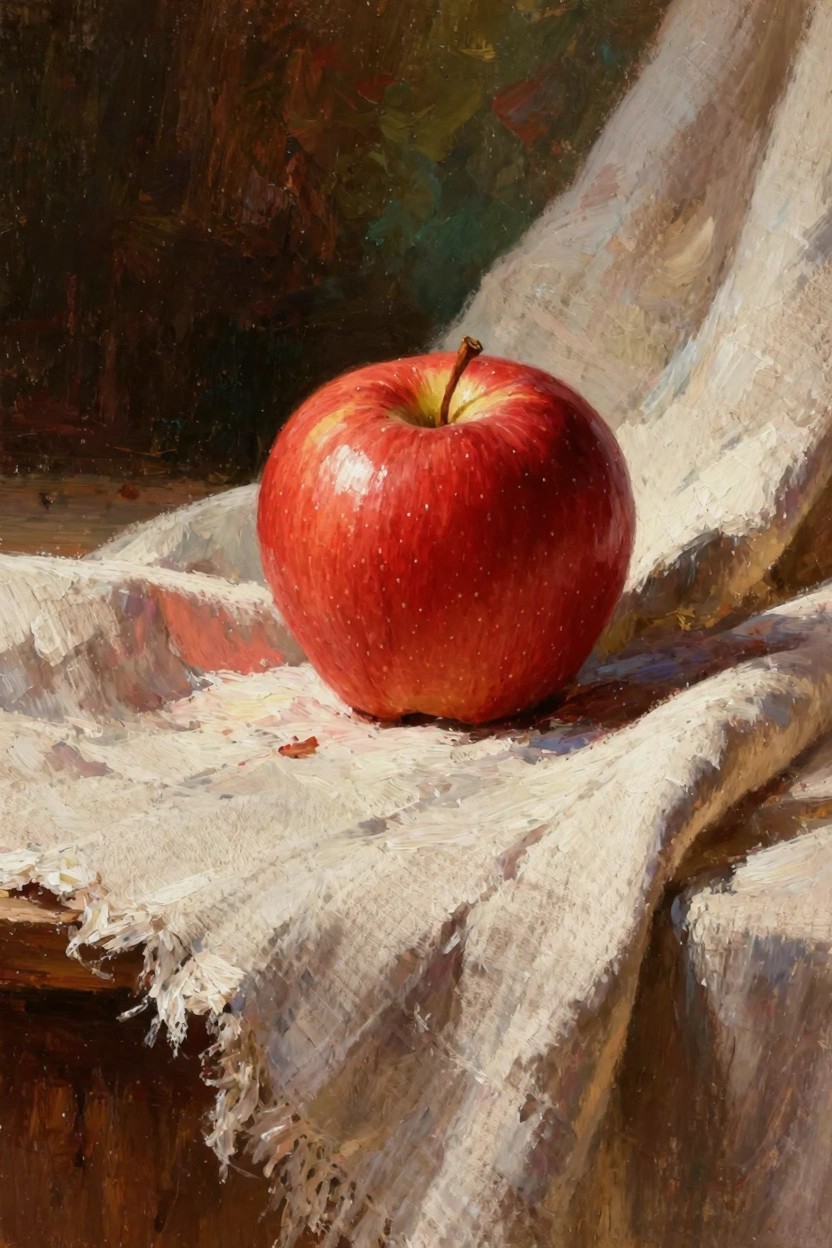 Realistic oil painting of a red apple on draped white linen cloth over wood with dark background.