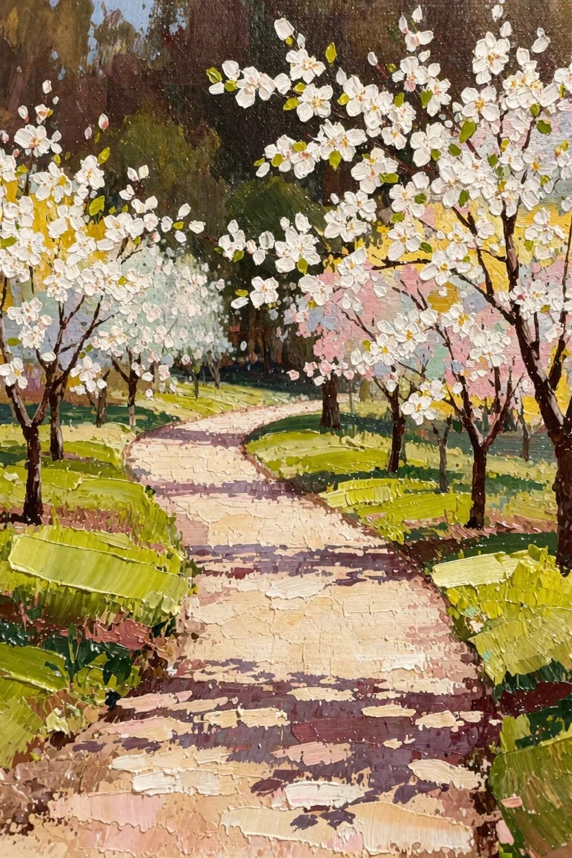 Oil painting of a winding dirt path through an orchard of blooming white and pink cherry trees, with green grass, shadows, and distant woods.